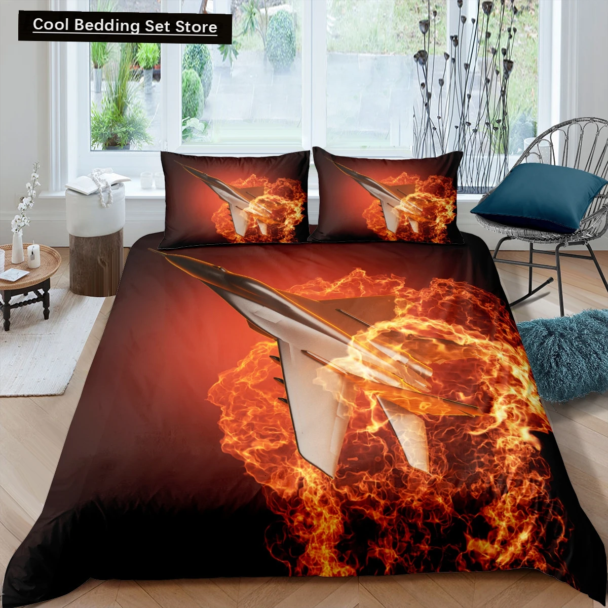 

Fighter Fire King Queen Full Duvet Cover Cool Airplane Bedding Set Military Fans Quilt Cover Red Black Polyester Comforter Cover