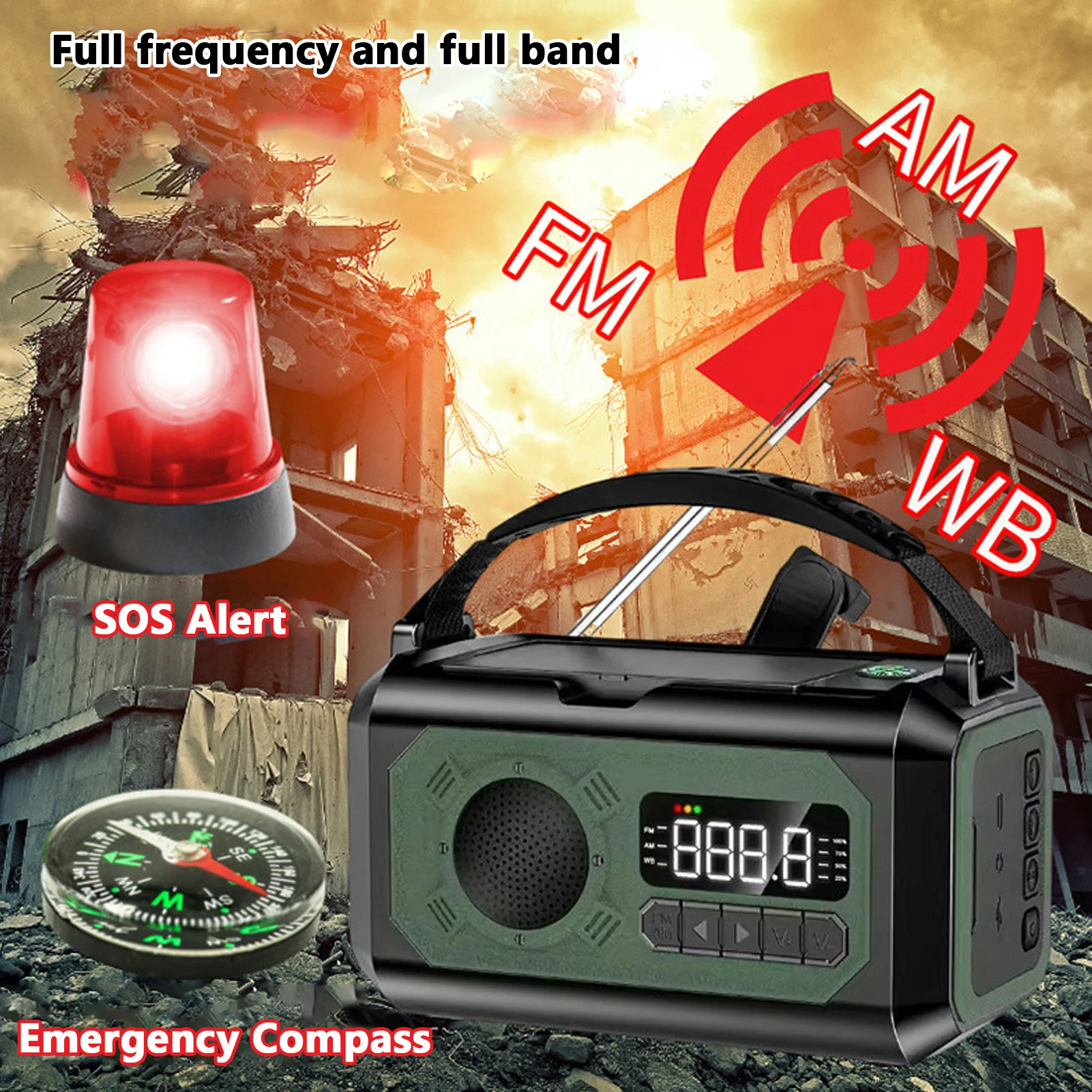 

Emergency Crank Radio Portable AM FM WB Weather Radio with SOS Alert Hand Crank Solar Power 12000mAh Battery USB Charger LED