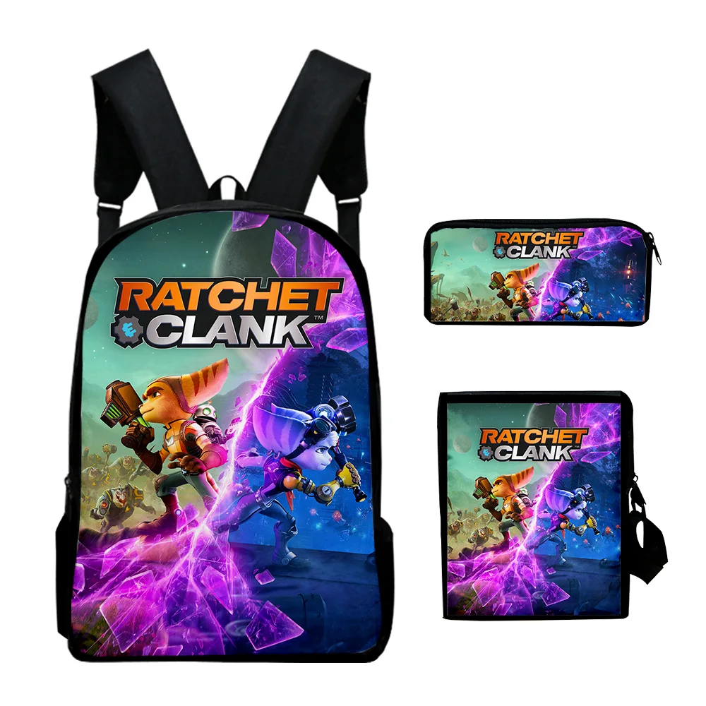 Ratchet & Clank Rift Apart 2023 New Cartoon Backpack 3 Pieces Sets Shoulder Bags Unisex Daypack Zipper Bag Unique Pencil Bag