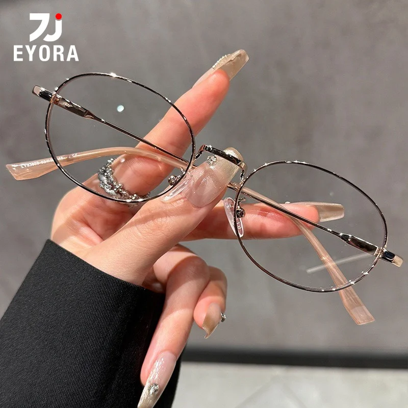 EYORA Artistic Oval Metal Frame Reading Glasses for Women Anti Blue Light Photochromic Glasses Optical Lenses with Prescription