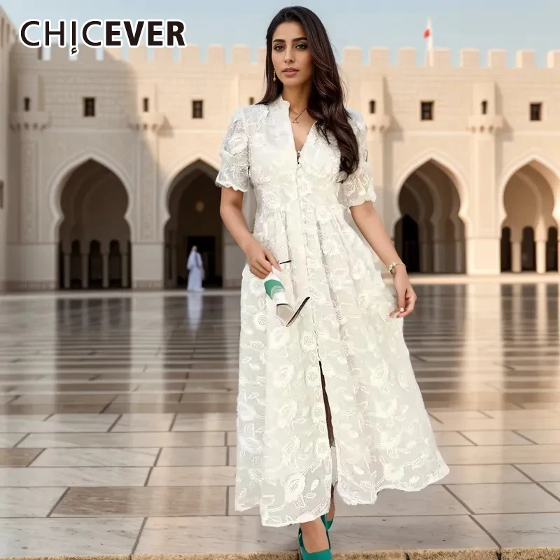 

CHICEVER Elegant Patchwork Folds Dress For Women V Neck Short Sleeve High Waist Embroidery Split Solid Long Dress Female Summer