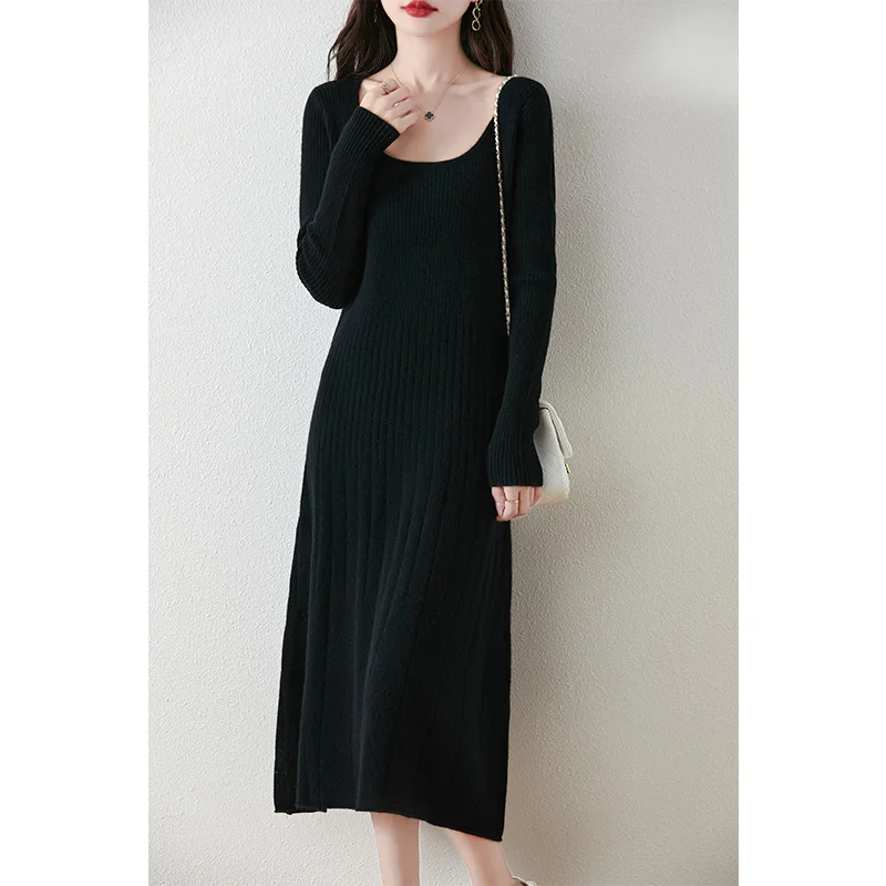 Fashion Autumn and Winter Dress 100% Merino Wool O-neck Long Sleeve Dress Upper Body Tight Lower Body Loose Pullover Solid Color