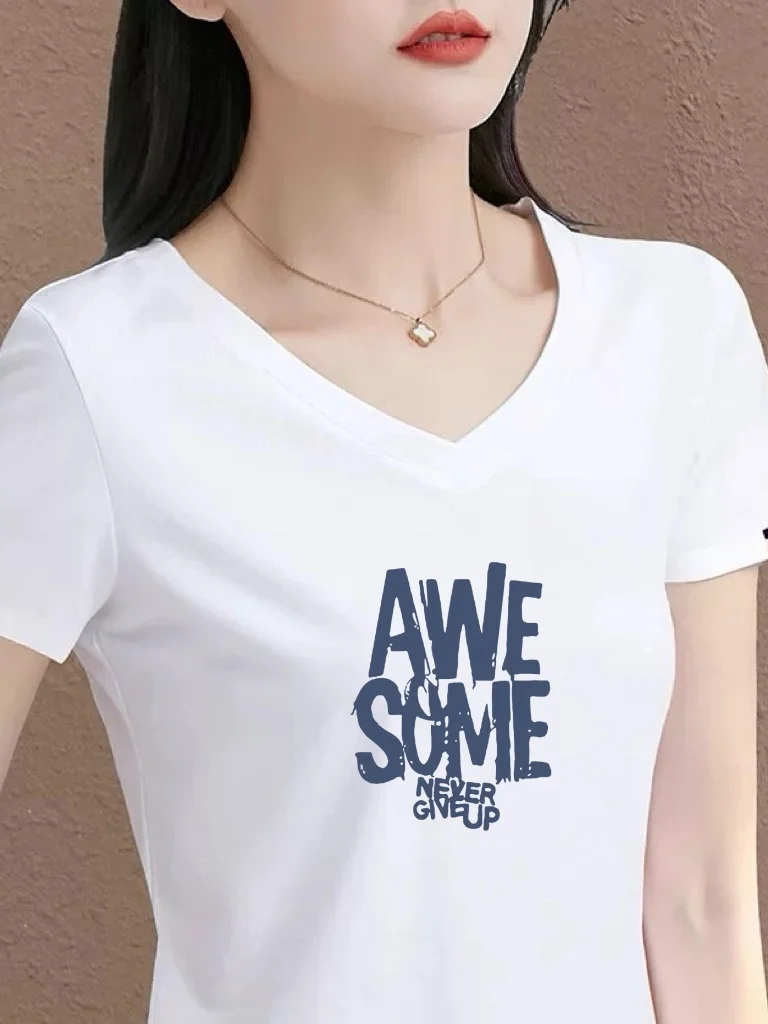 

New 2026 White V-neck Short Sleeve T-shirt Women's Letter Print Color Block Casual Versatile Mommy's Top Loose Fit Polyester ...