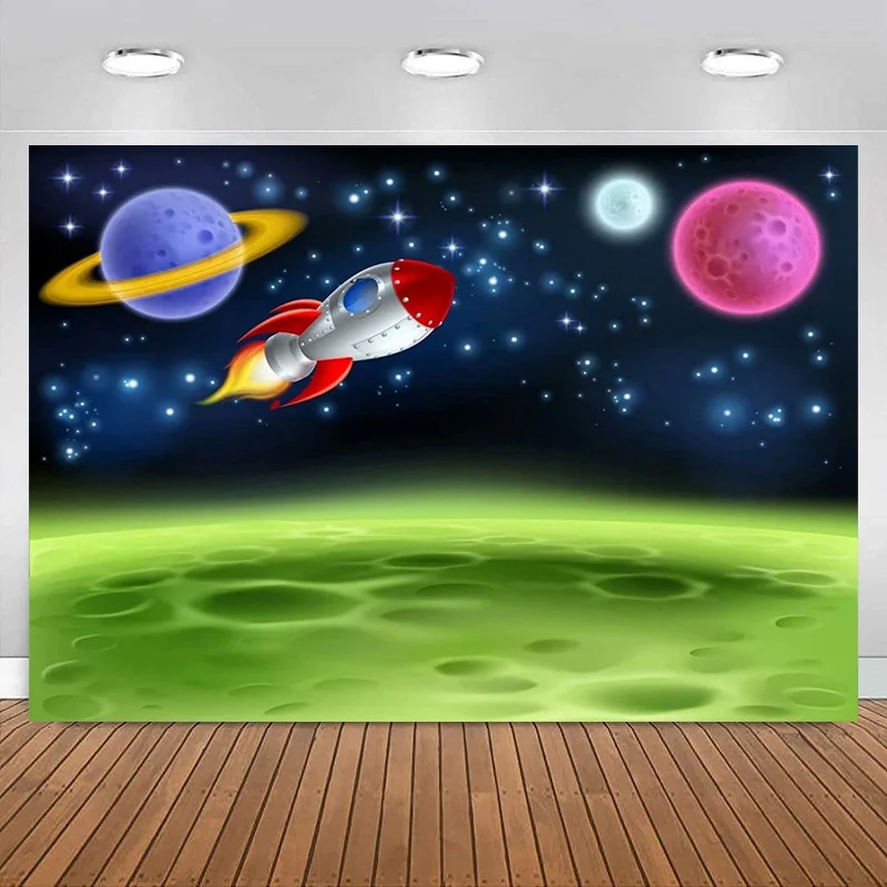 Outer Space Backdrop Planet Alien Moon with  Ship Galaxy Photography Background Kid Birthday Party Baby Shower Decoration