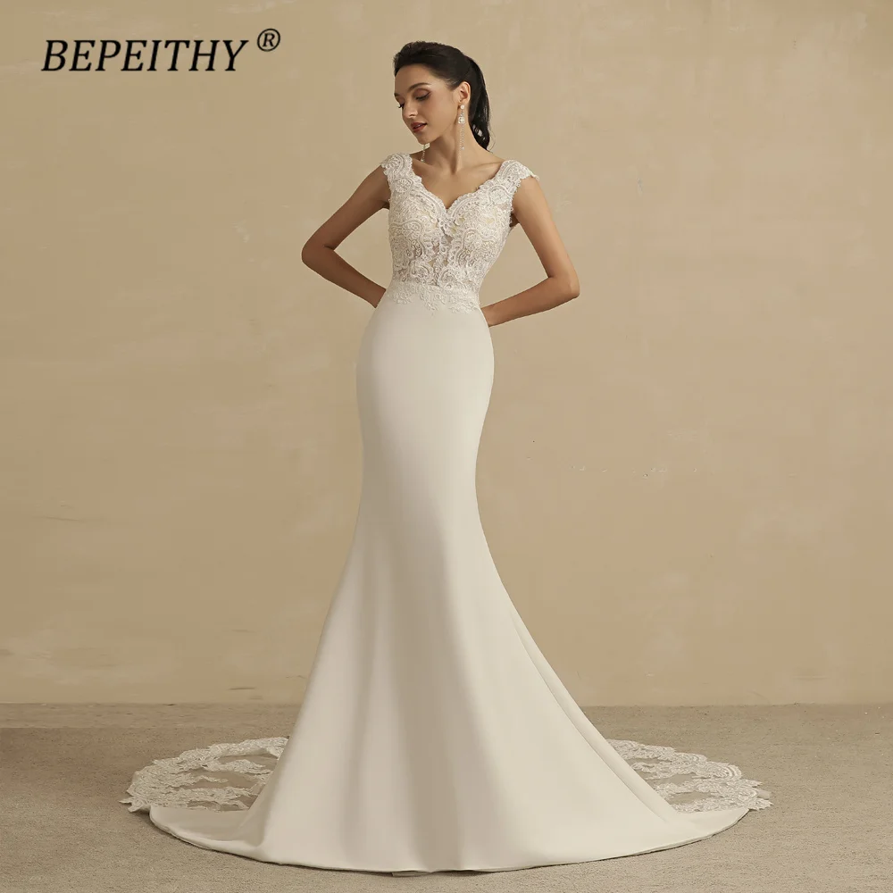 BEPEITHY Ivory V Neck Mermaid Wedding Party Dresses Sleeveless Court Train Vintage Boho Bridal Gown For Women Online Shopping