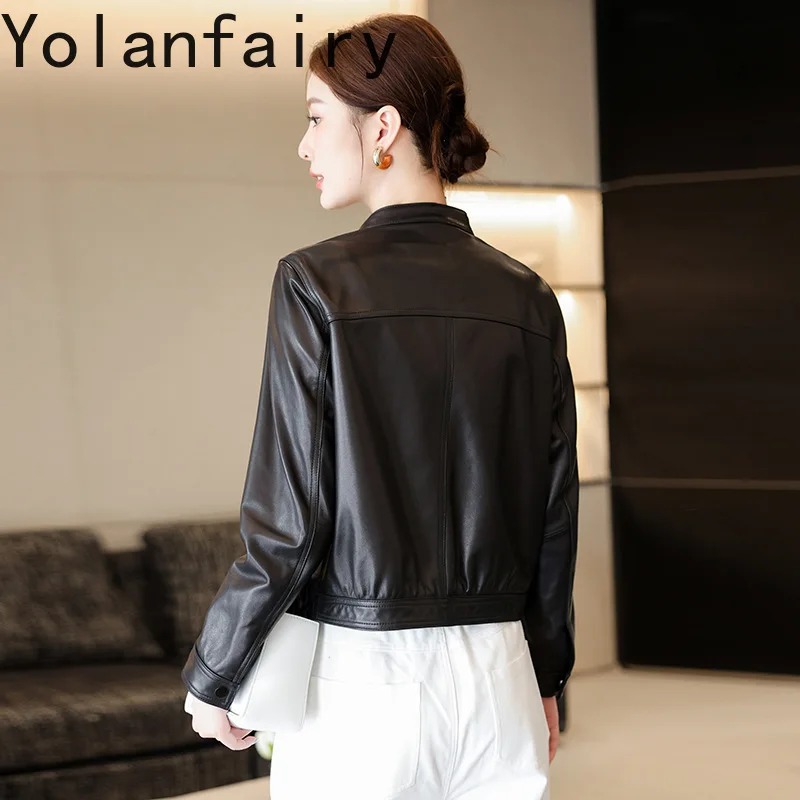 YOLANFAIRY 100% Genuine Leather Jacket Women New Spring Autumn Real Sheepskin Coat Short Elegant Leather Jackets Casaco Feminino
