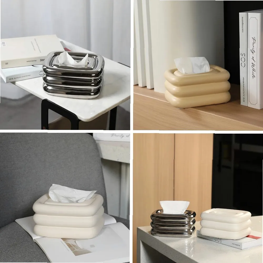 Ceramic Tissue Box Holder, Rectangular Geometric Fringe Napkin Box for Desktop Bathroom Storage Home Decor