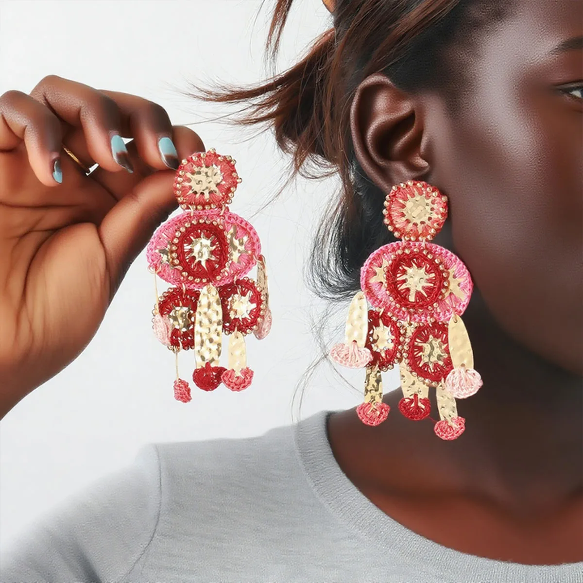 

ZAA Vintage Ethnic Style Hand-woven Plant Flower Drop Earrings for Women Boho Holiday Party Jewelry Gifts