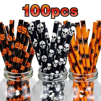 25/100pcs Halloween Party Paper Straws Biodegradable Bat Pumpkin Spider Straws for Spooky…