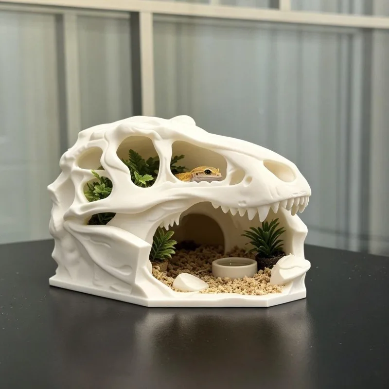 3D Printed T-Rex Skull Reptile Hide Cave, Leopard Gecko Corn Snake Lizard Hideout, Terrarium Decor Habitat Accessory