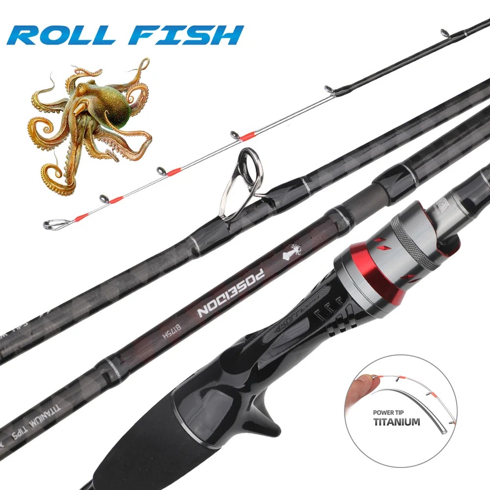 ROLLFISH Double Titanium Tips Octopus Squid Cuttle Carbon Fiber Fishing Rod Seawater Boat Jigging Rod 1.55/1.75M Action 9:1 8:2