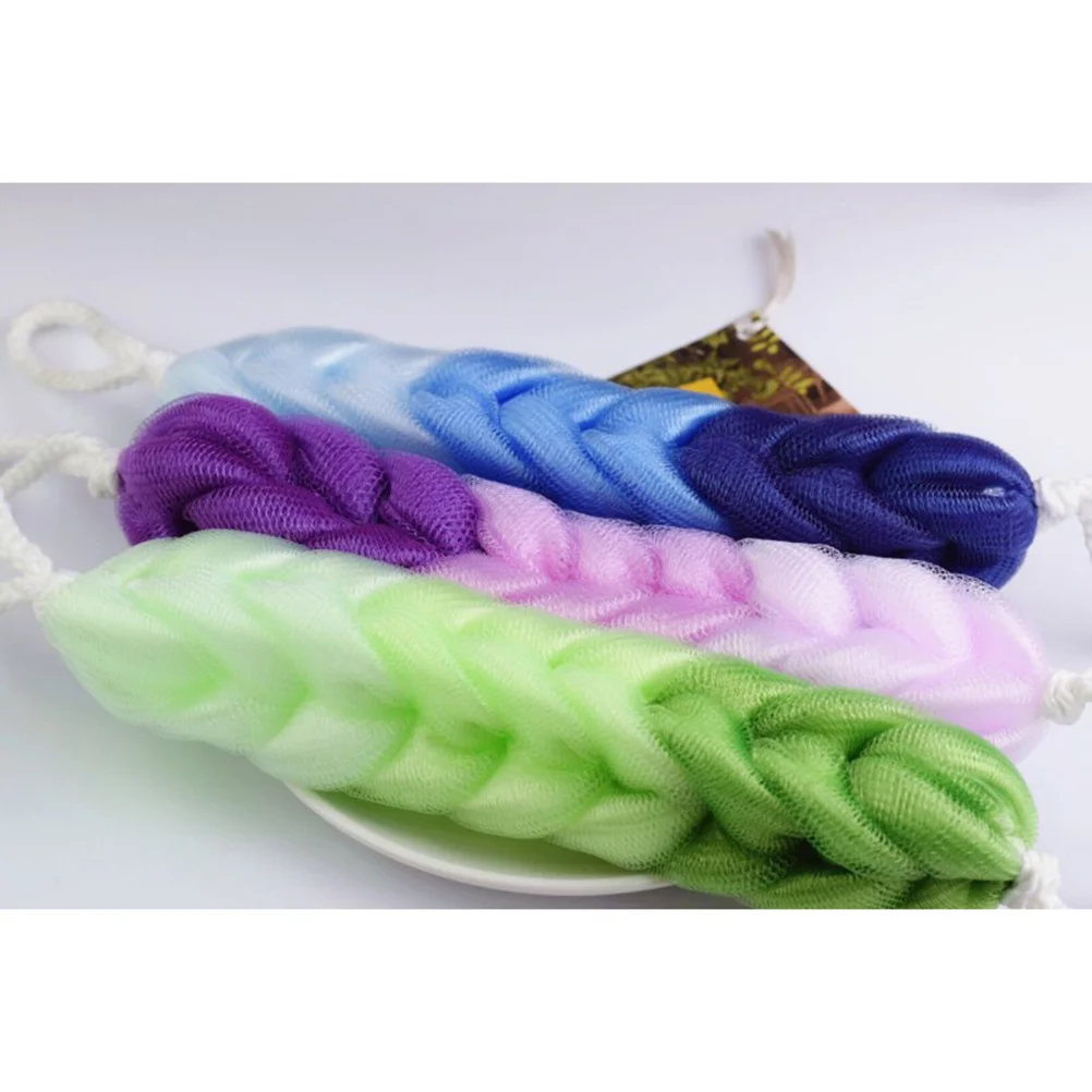 

3pcs Exfoliating Sponge Shower Stretchy Back Scrubber Mesh Strip Double-Sided Gradient Purple Green Blue Sponge Bath Ball Shower