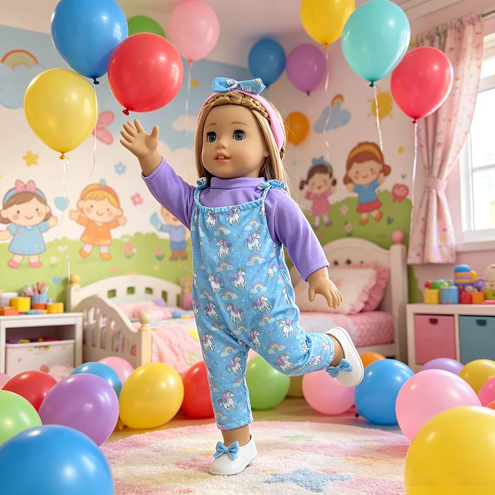 18 Inch and 43CM Doll Jumpsuit Rainbow Three Piece Set with Jumpsuit and Headband Suitable for 18 Inch Dolls, Doll Accessories