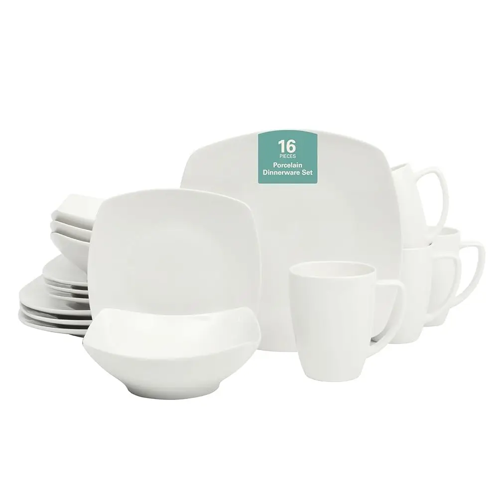 

Zen Buffet Porcelain Chip And Scratch Resistant Dinnerware Plates, Bowls, And Mugs Set, Service For 4 (16Pcs), White (Square