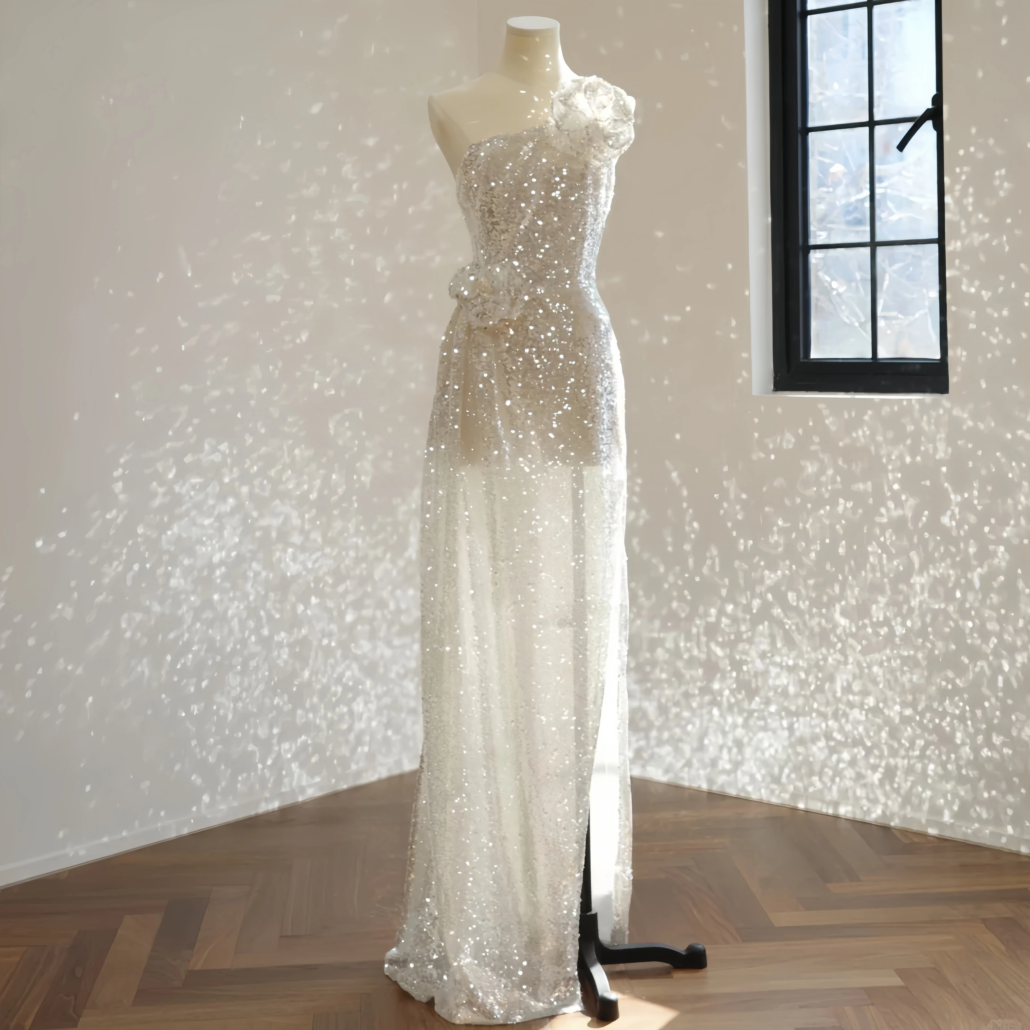 فستان سهرة أنيق فضي أبيض ترتر كتف واحد سبليت ثلاثي الأبعاد زهرة سليم صالح المرأة مأدبة ثوب الحفلات #4