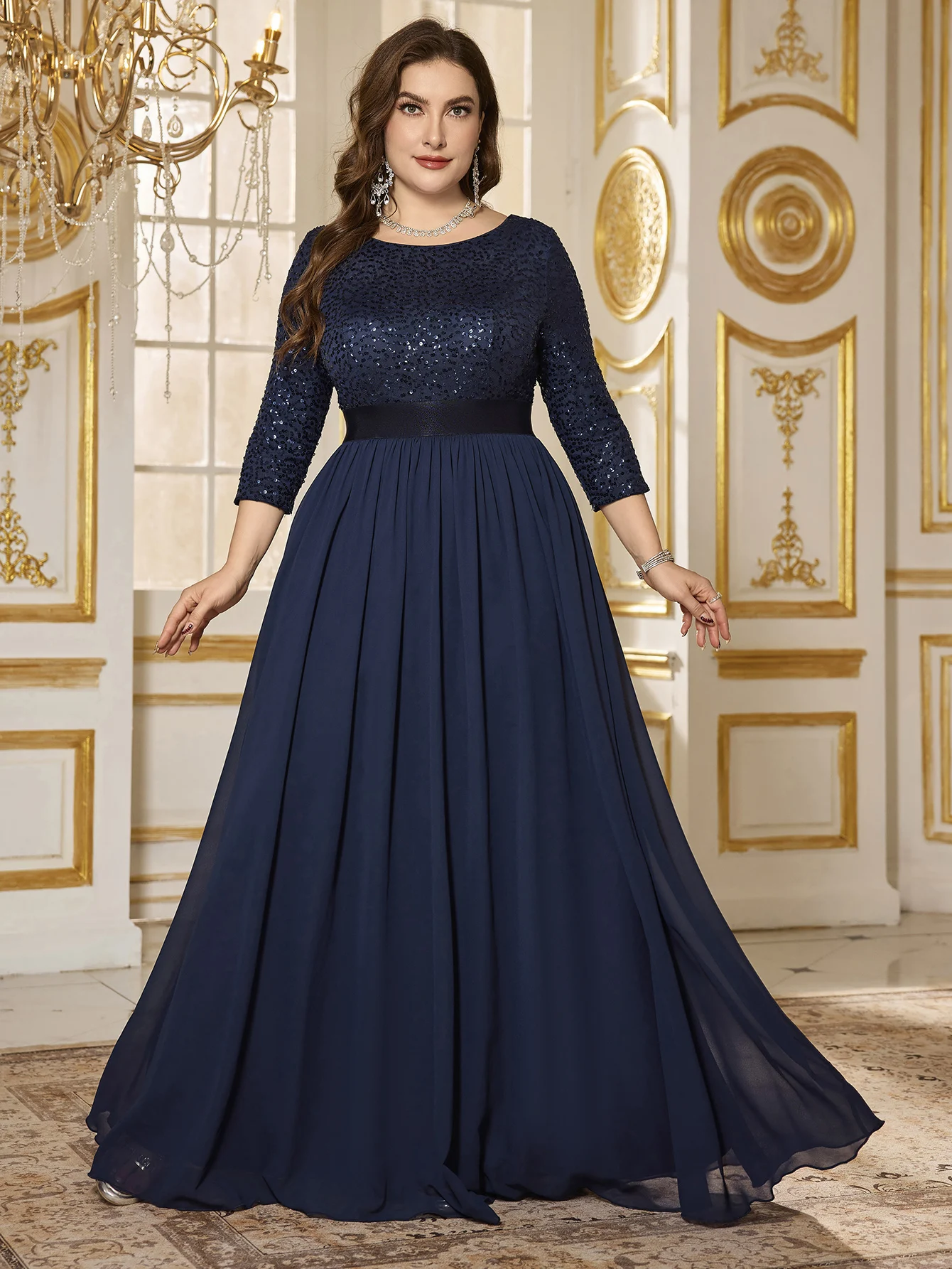 UNITHORSE  Earth-Friendly Women's Dress V-Back Sequin Patchwork Waist Flare Hem Dress With 3/4 Sleeves And Round Neck, Elegant view 4