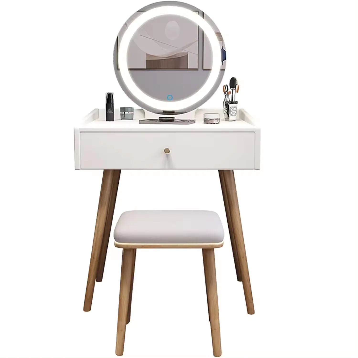 Modern Wood Dressing Table with Lighted Mirror Bedroom Dining Hotel Home Office Versatile Living Room Furniture Storage Features