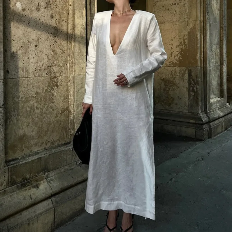 Elegancka francuska bawełniana luźna długa sukienka damska codzienna moda biała długa rękaw dekolt w serek rozcięcie wakacje sukienka boho streetwear