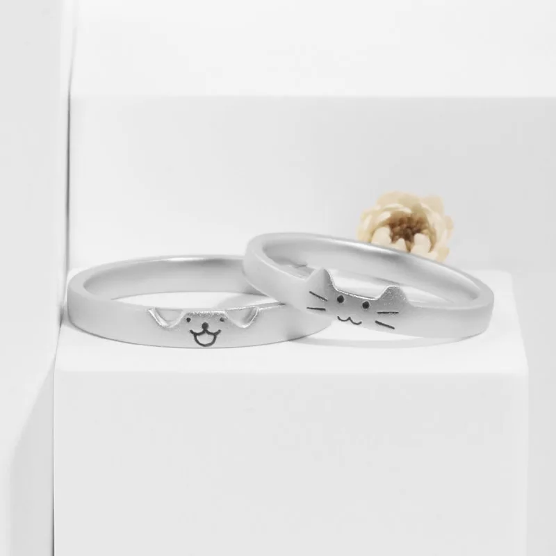 Custom Cat & Dog Theme Gold-Plated Silver Rings for Pet Lovers - Valentine & Wedding Bands Bands for Couples