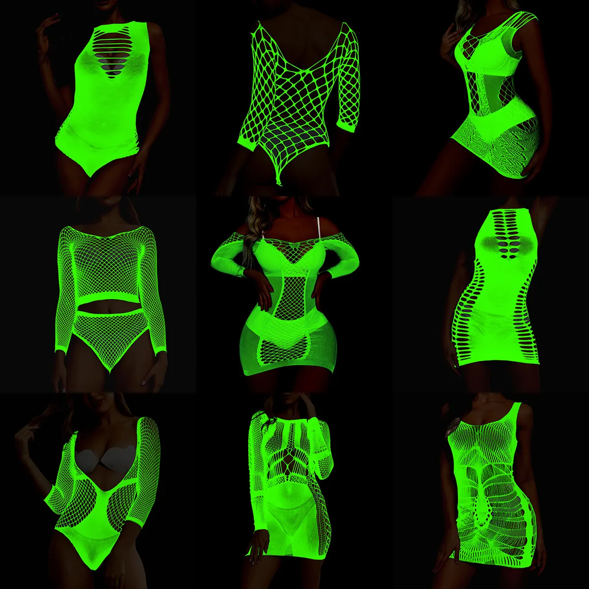 ‌Glow The Dark Fluorescent Nightdress Sheer Mesh Babydoll Figure Flattering Lingerie See Through Slip Dress Hollow Out