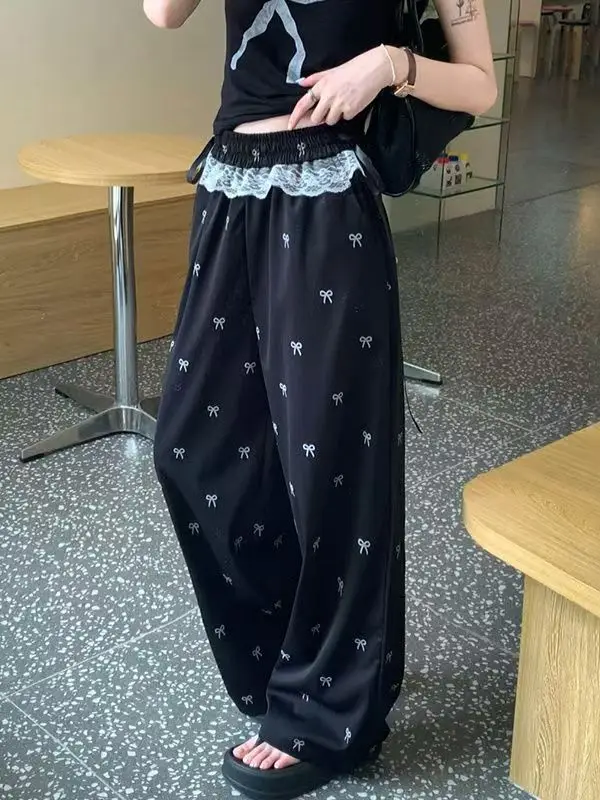 Lace Lace Patchwork Bow Casual Pants for Women in Spring and Summer, New Thin and Loose Straight Leg Wide Leg Pants