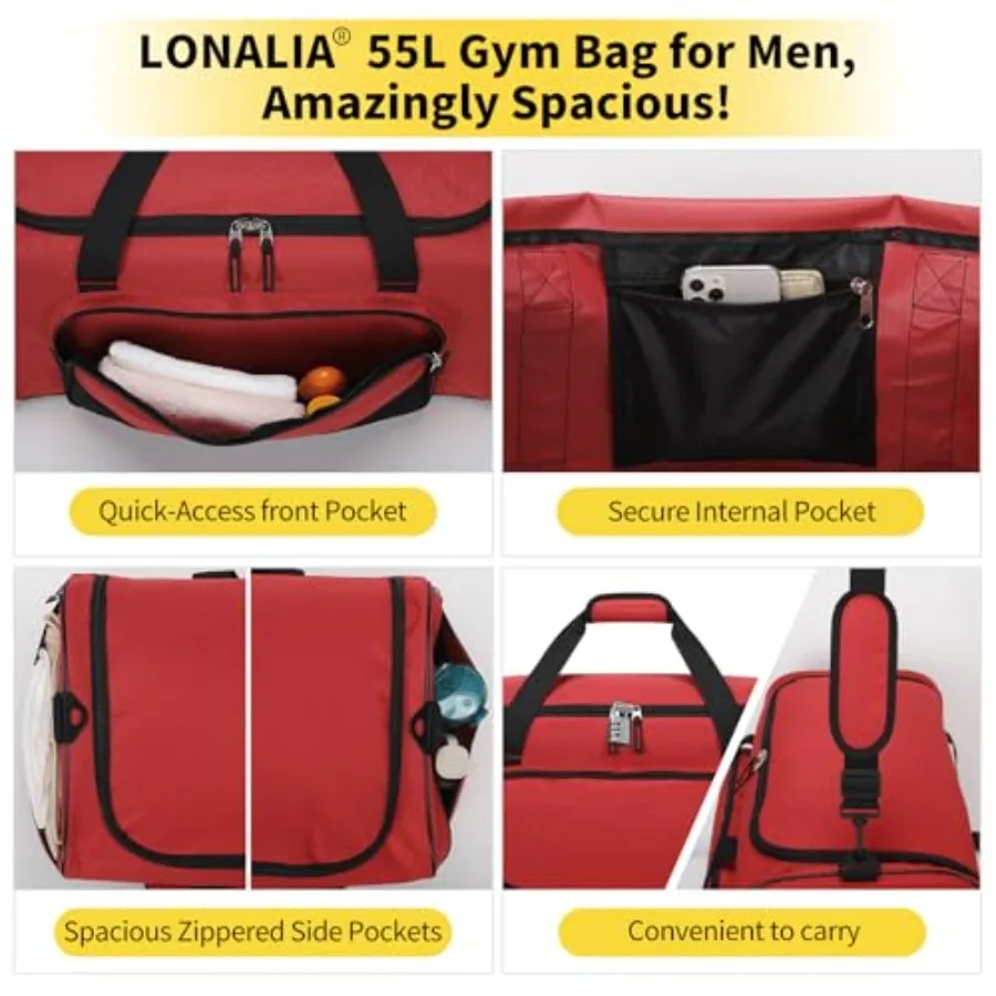 55L Large Gym Duffle Bag for Men, 22 inch, Heavy Duty, Gym Duffel Bag, Multi Pockets, Spacious