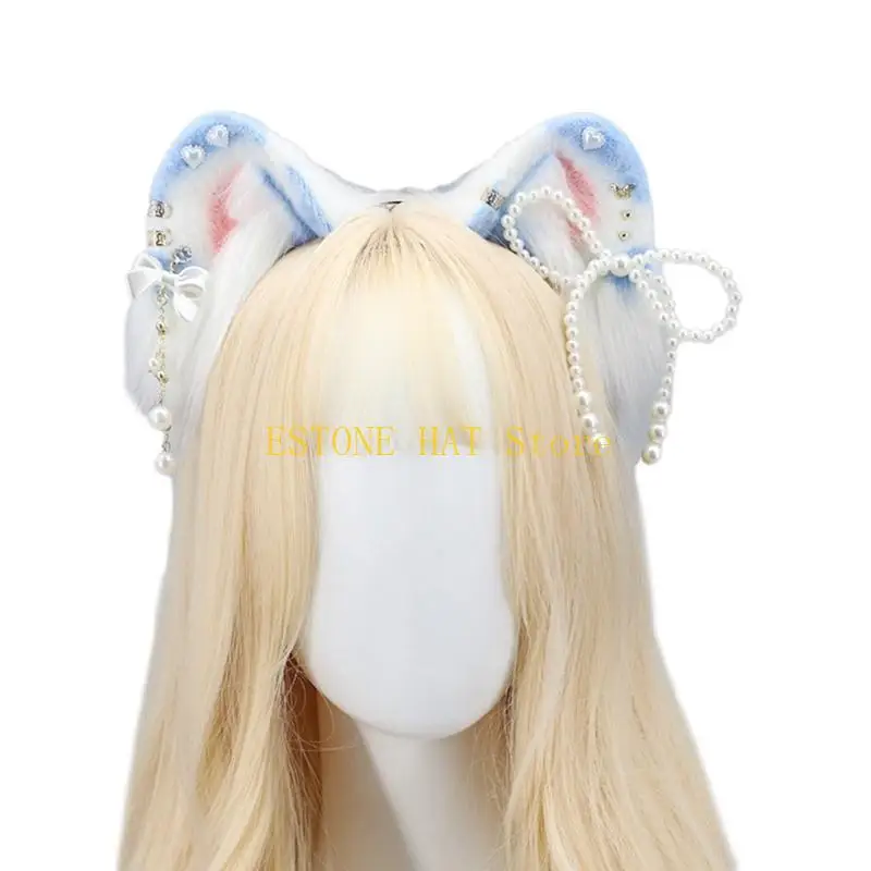 49MF Plush Ear Cosplay Hair Hoop with Pearl Bowknot Woman Teens Headband for Live Broadcast Carnivals Hairband
