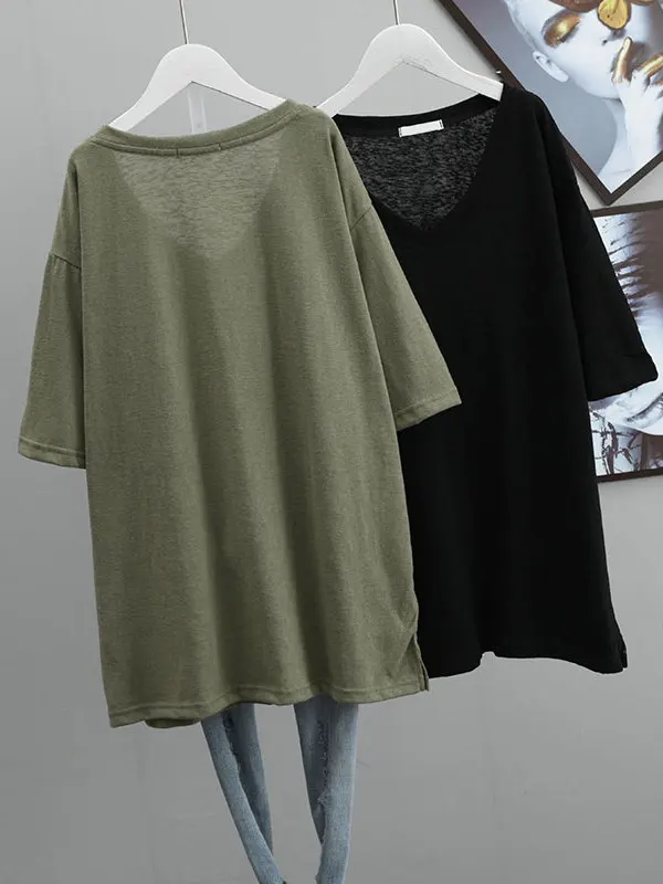 Damska koszulka letnia plus size z dekoltem w serek, luźny krój, czysta bawełna, koreański styl, prosty top, jednolity kolor, do pracy.