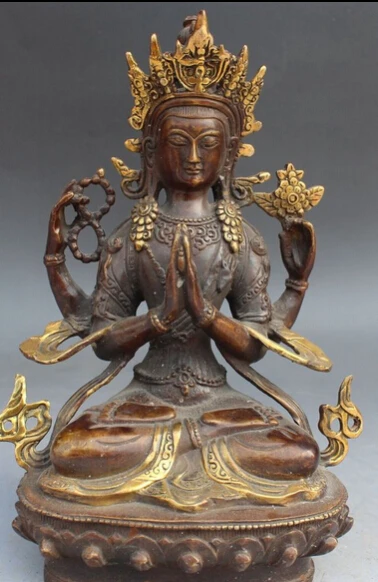 

8inch Old Tibet Buddhism Bronze Gilt 4 Arms Chenrezig Buddha Avalokiteshvara Statue 20cm