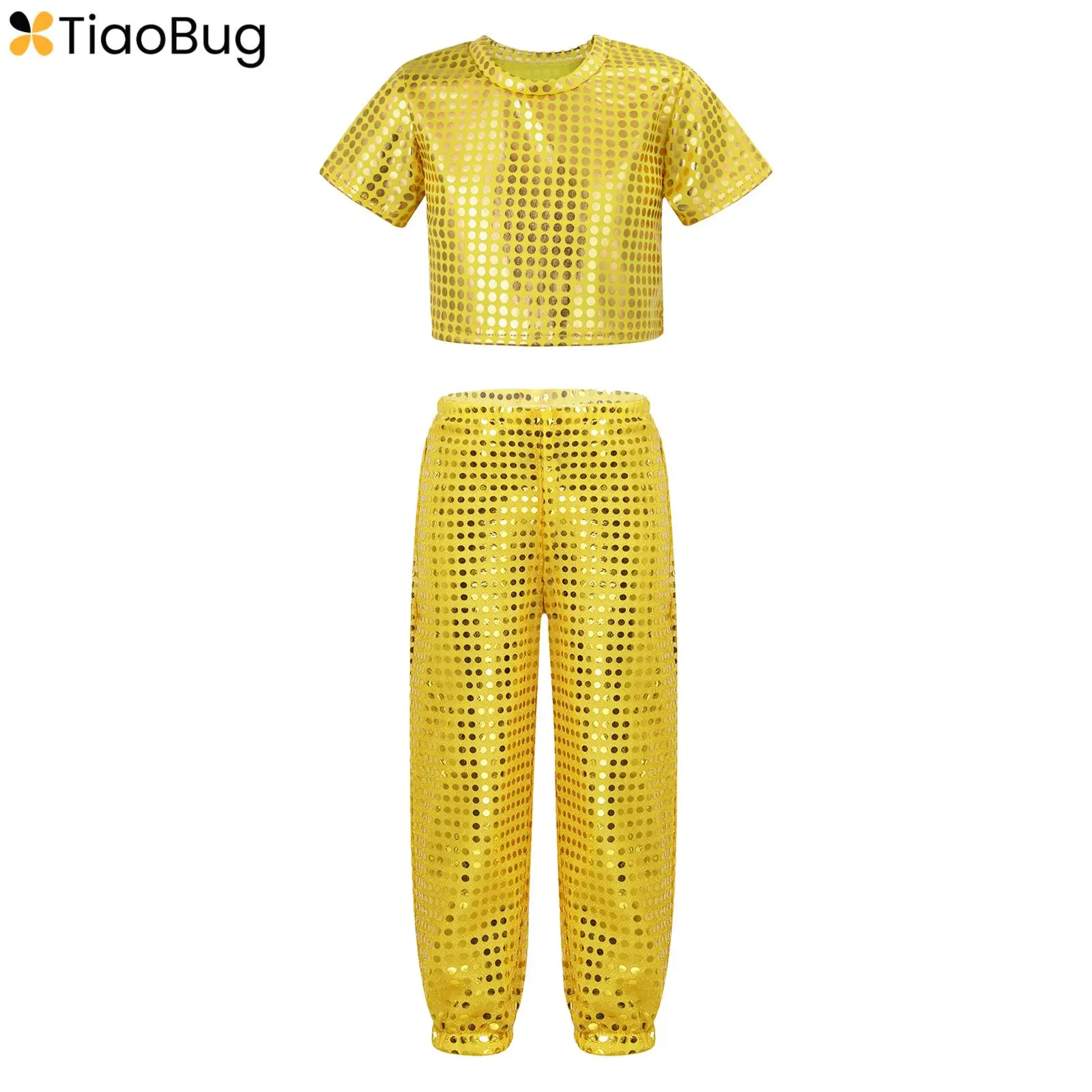 

Kids Boys Girls Sequin Hip Hop Jazz Modern Dance Crop Top T-shirt with Pants Set Disco Party Costume Children's Day Dancewear