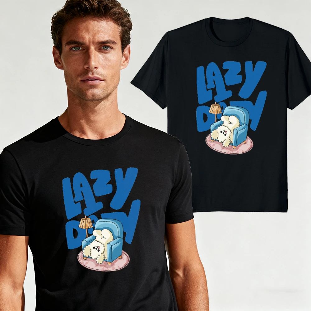 Lazy Doodle White Puppy Sofa Lamp Graphic Men Summer T Shirt Cozy Chill Cartoon Pet Motif Casual Daily Holiday Tee