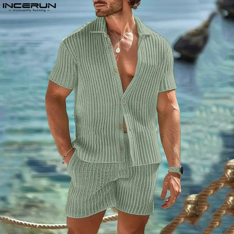 INCERUN Men Sets Patchwork Transparent Lapel Short Sleeve Shirt & Shorts Two Pieces Sets Streetwear Summer 2024 Men Casual Suits