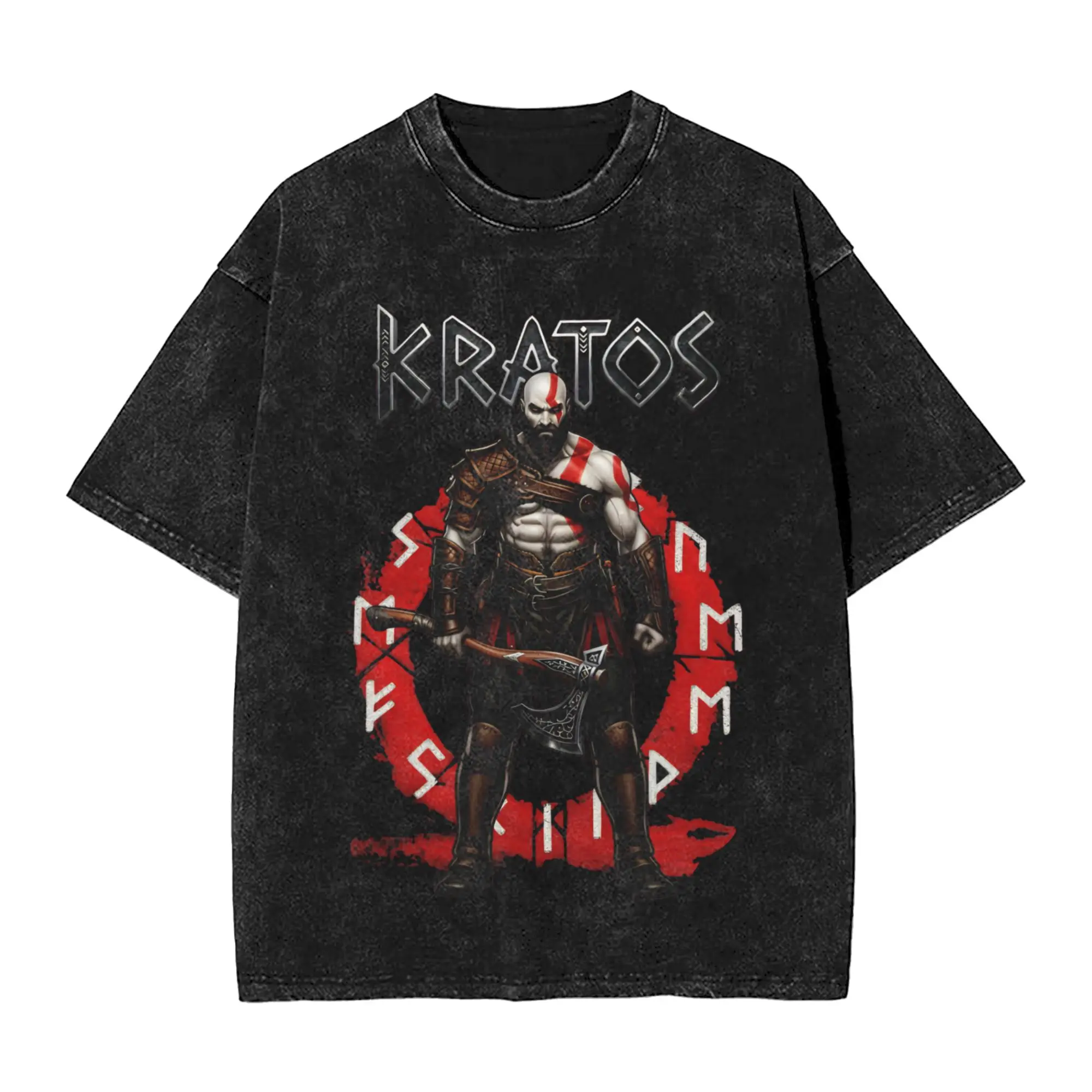 Washed T Shirts Kratos God Of War Game Art Hip Hop T-Shirt Street  Streetwear Short Sleeve Summer Tops Tops Tees for Men Women