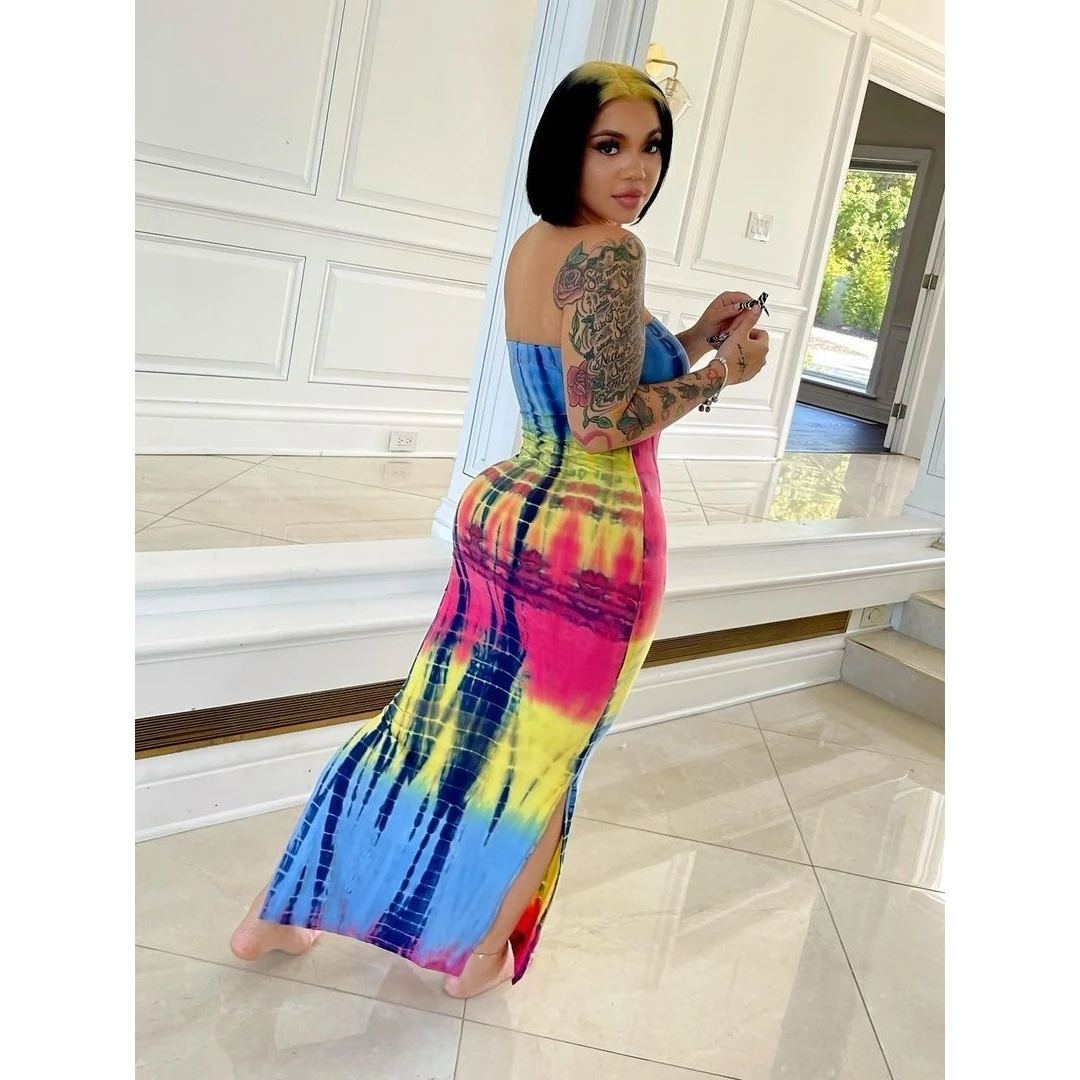 Seksowna sukienka damska z nadrukiem tie-dye, długa, jesienno-zimowa, modna, codzienna, z średnim stanem, długa spódnica bez rękawów.