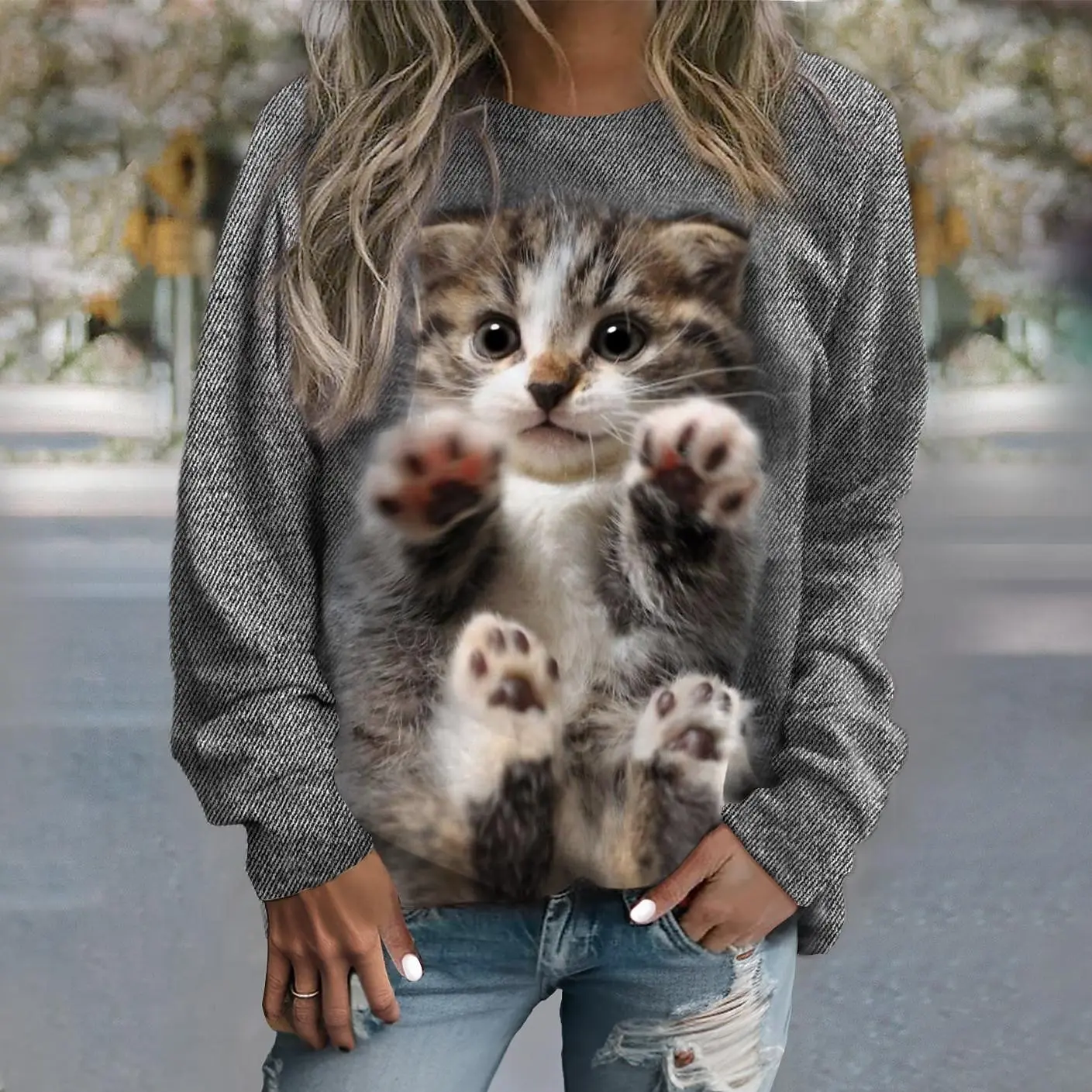 Women's Hoodie Cotton Sweatshirts Pullover Tops Fashion Kitten Print Long Sleeve Hoodies Girls Cute Casual O-Neck Ladies Clothes