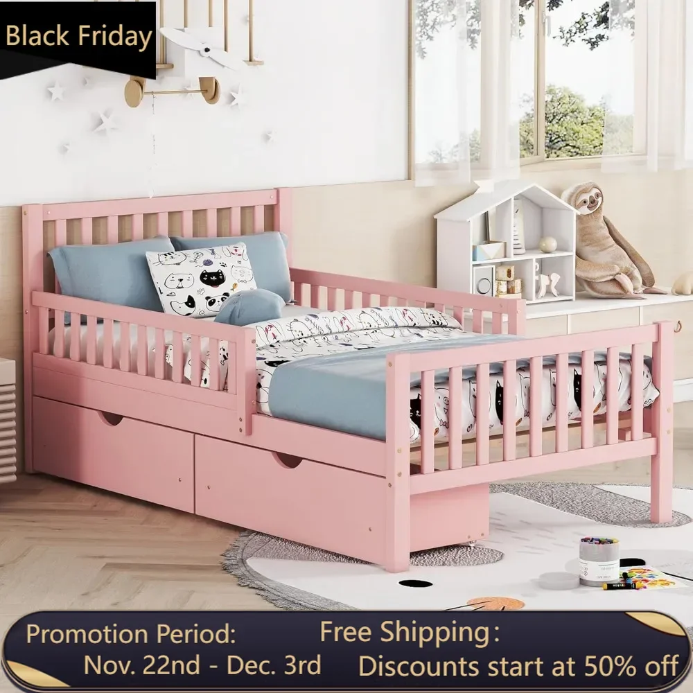 Kids Twin Bed with Guardrails, Low Platform Bed with Headboard and Footboard, Pink Children Bed Frame with 2 Drawers