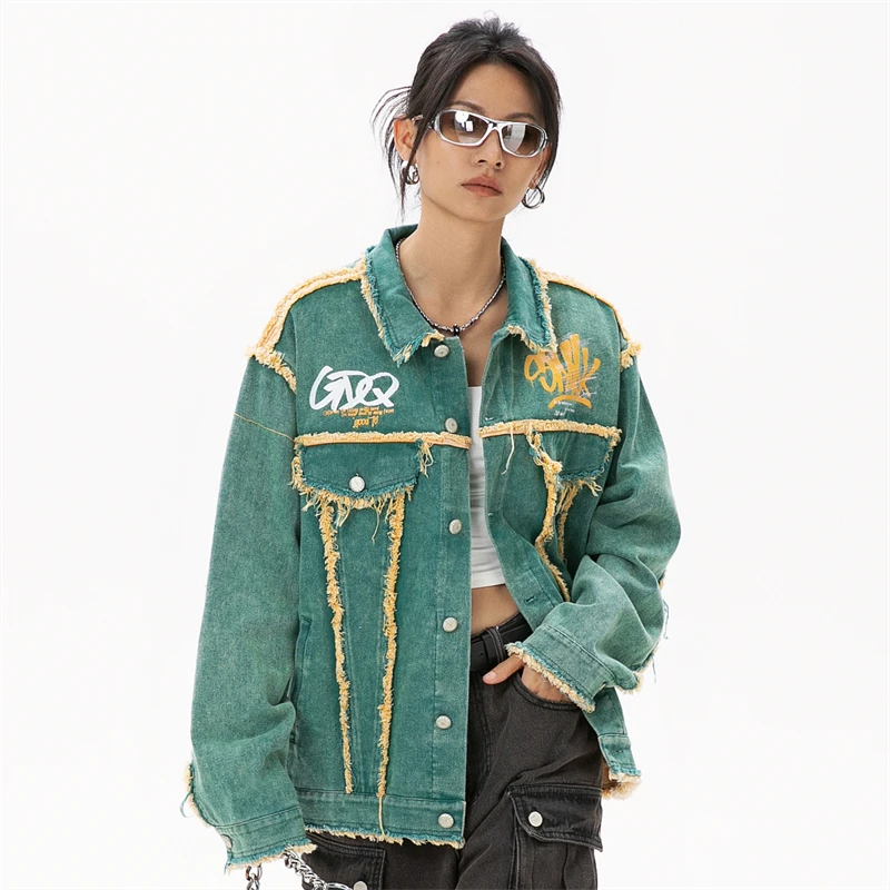 Womens Denim Jacket Green Cotton Long Sleeve Coats Cowboy Lady Jeans Jackets for Women 2024 Autumn Outdoor Clothing Novelties