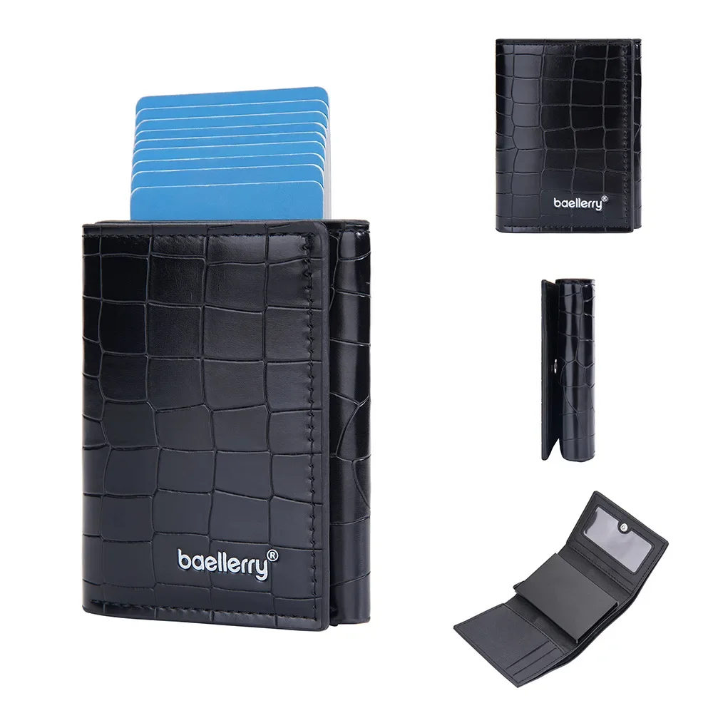 Crocodile print men's three fold card bag contains RFID metal aluminum box automatic card clip bus ID card