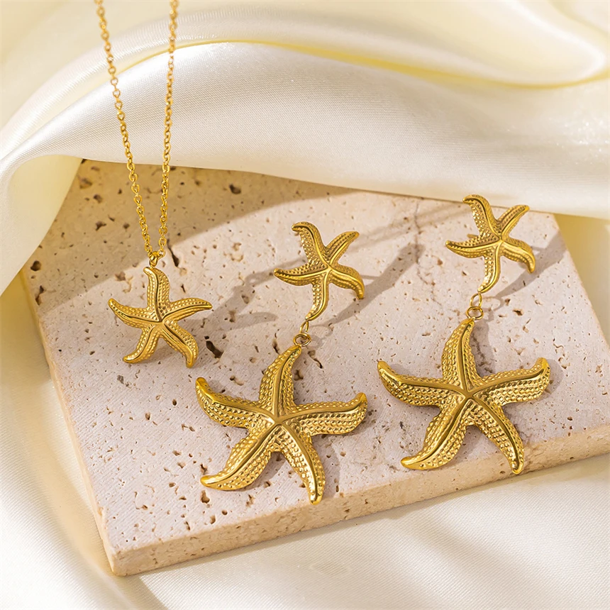 316L Stainless Steel Large And Small Starfish Pendant Charm Chain Necklace Earring For Women Fashion Fine Jewelry Set Party Gift