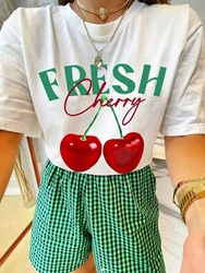 Creative Fresh Cherry Fruit Prints Women Tee Shirts Hip Hop Summer T Shirt Casual Comfortable Clothes Unisex Cotton T-Shirts