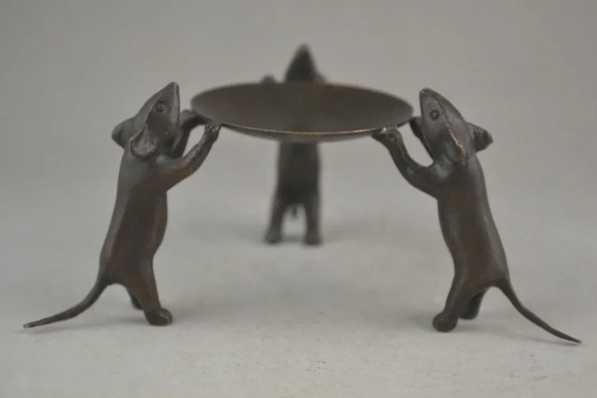 China collectible decorate handwork old copper 3 mice delicate candlestick