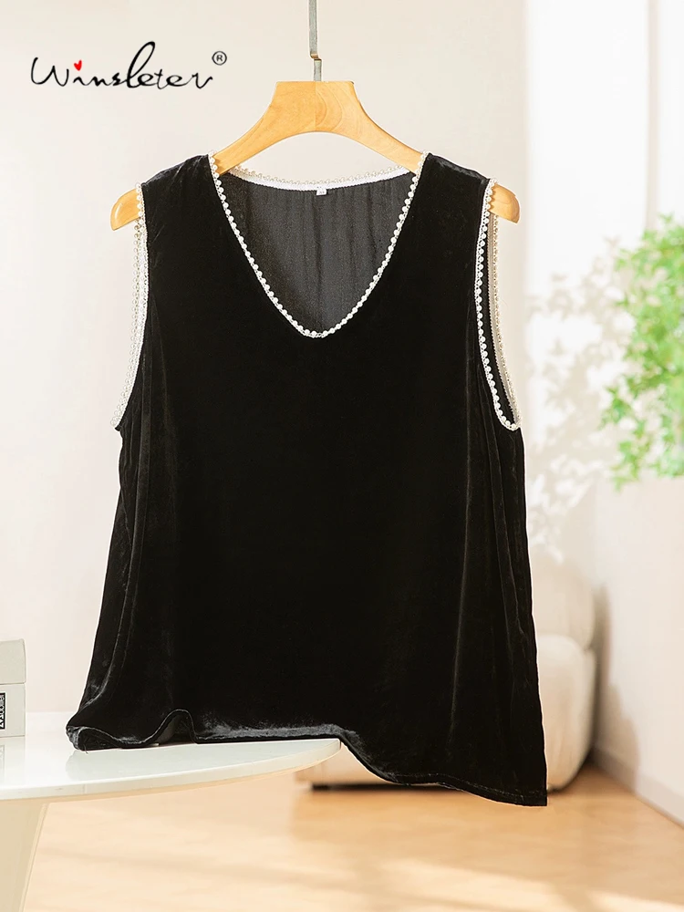 

Winsleter-Bottom 100%Real Silk Elegant Velvet Vest, Woman V Neck Sleeveless Pearl, Retro Commute Top, 2025 Autumn New T5O538CC