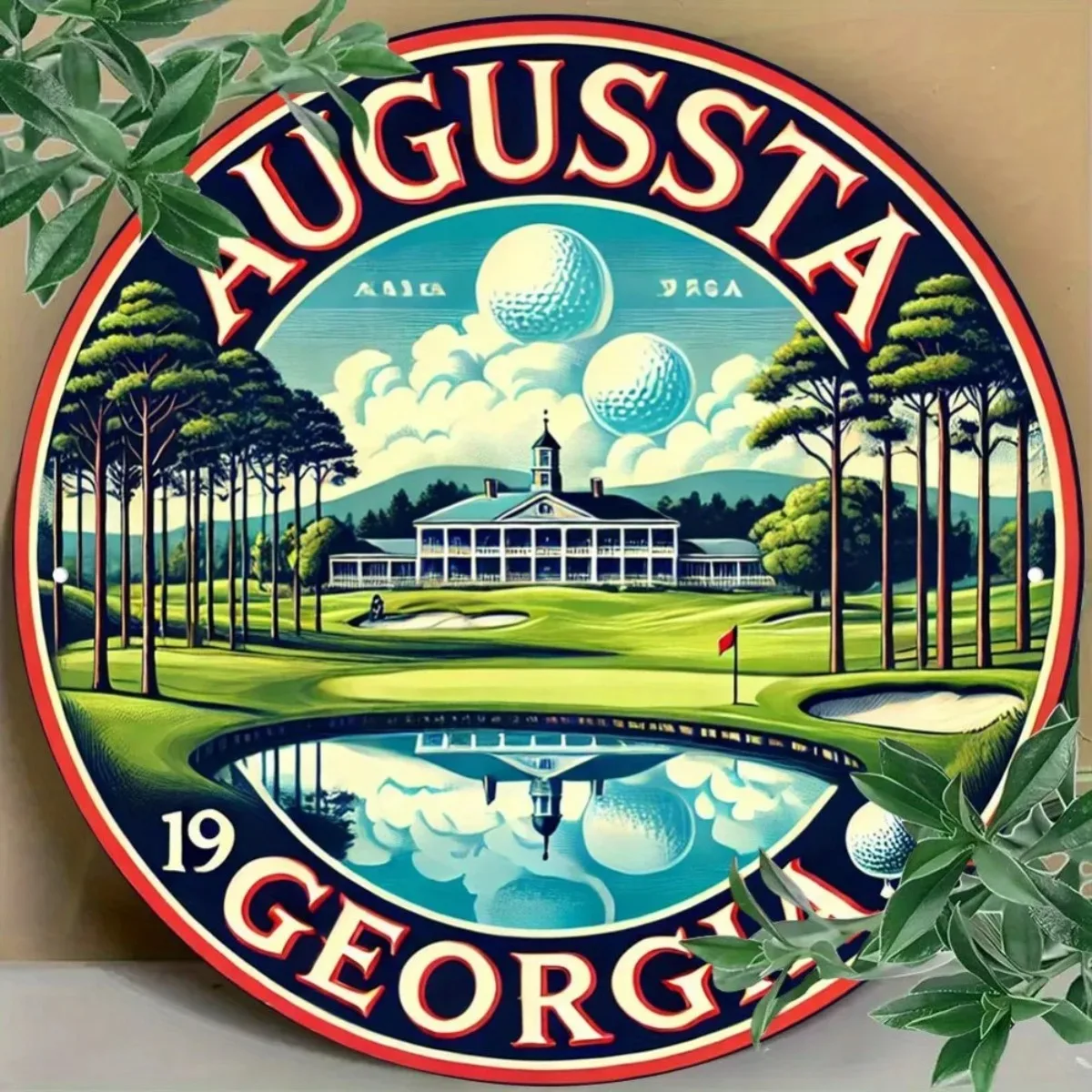 ديكور جولف عتيق - تصميم أوغوستا جورجيا مع إكليل الزهور وتصميم دورة الجولف المميزة، مثالي للمنزل والمكتب