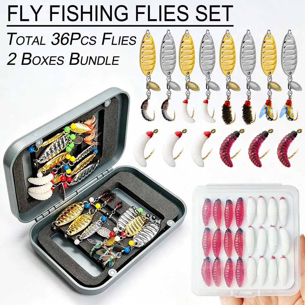 2 Boxes Bundle(Total 36Pcs Flies)Artificial Fly Fishing Flies Kit-Size #10-#16 -Dry Wet Fly Fishing Sequin Lures for Trout Salmon