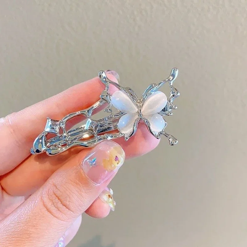 White Cat Eye Stone Butterfly Hair Clip Female Bangs Side Clip Straight Clips Metal Headwear Exquisite Duckbill Clips