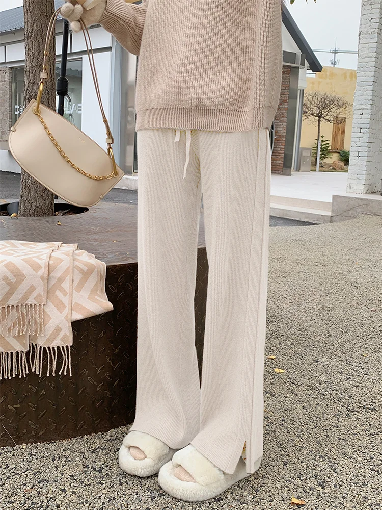 Soft Glutinous Slit Knitted Wide-Leg Pants Women's Autumn and Winter High Waist Drooping Casual Mopping Pants korean style 2024