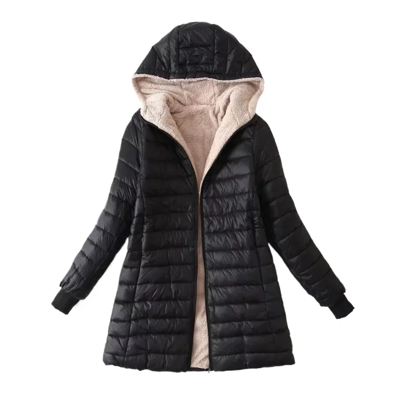 Women's Fashion, Casual, Simple and Elegant Lamb Wool Medium Long Warm Hooded Cotton Jacket Women's Top Plus Size Cotton Jacket