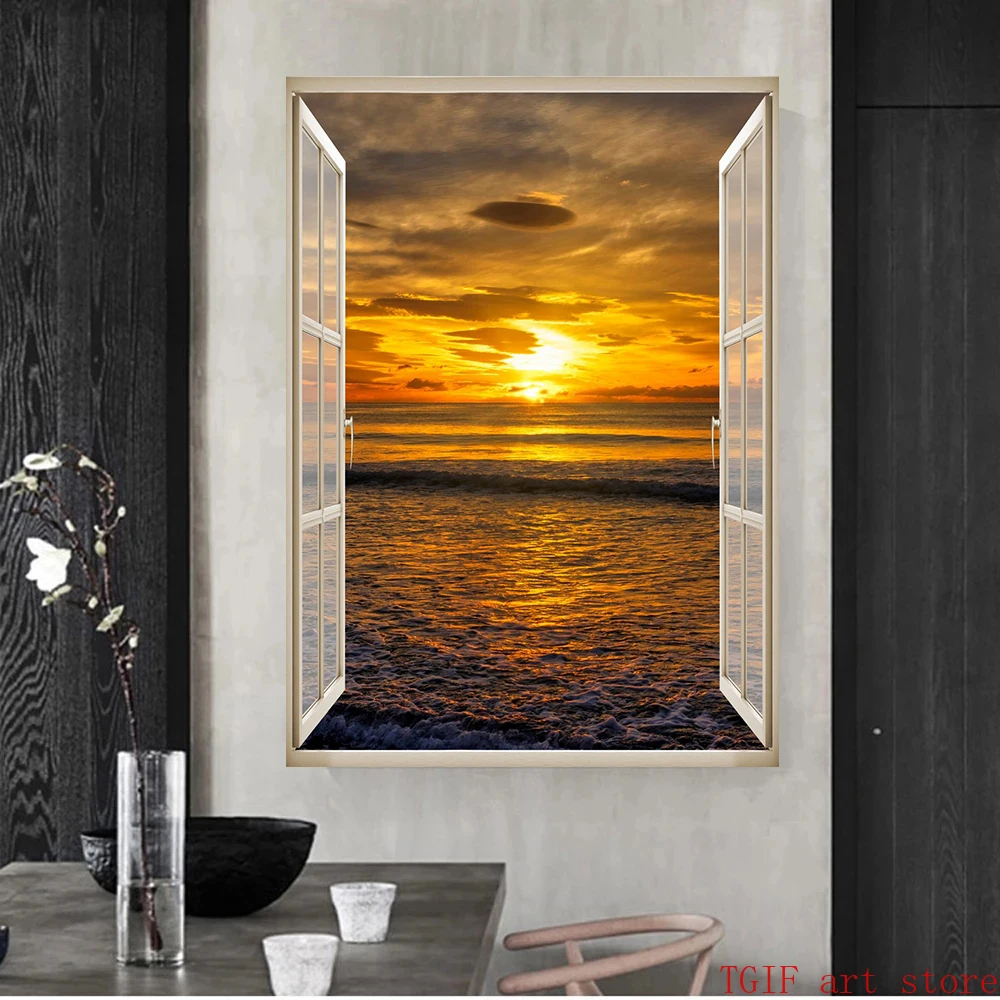 Window Effect Sunset Beach Landscape Posters Mountain Waterfall Sea View Canvas Painting Print Wall Art Living Room Home Decor