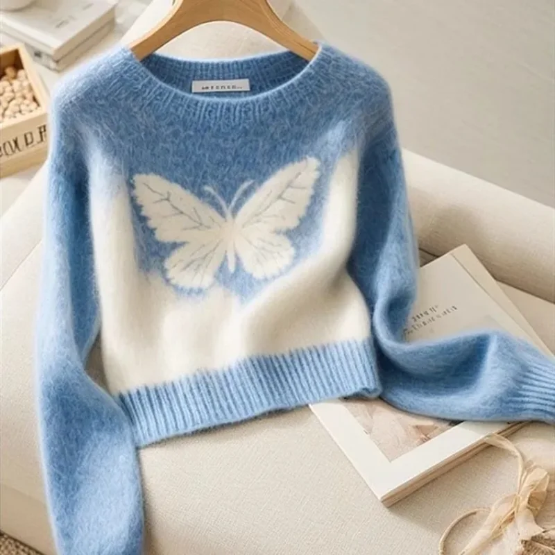 سترة صوفية زرقاء للنساء في الخريف والشتاء، سترة برقبة دائرية راقية، أنيقة بأكمام طويلة