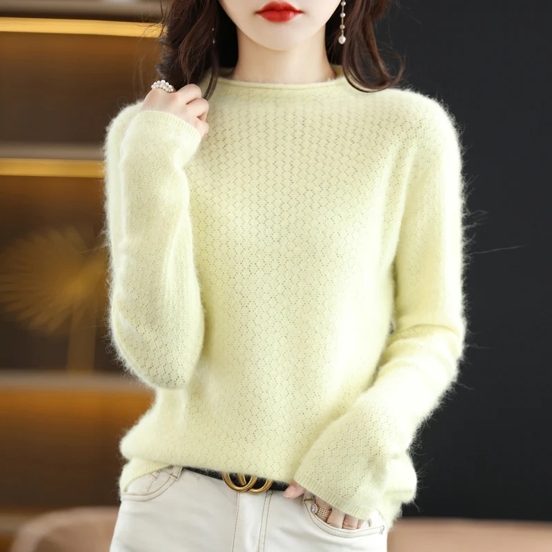 

Autumn And Winter New Mink Cashmere Sweater Women's Curling Round Collar Slim Hollow Long-Sleeved Shirt Knitted Bottoming Shirt